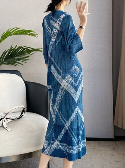 Fashion Mid-length Pleated Dress women Print Round Collar Three Quarter Sleeve Loose Female Clothes