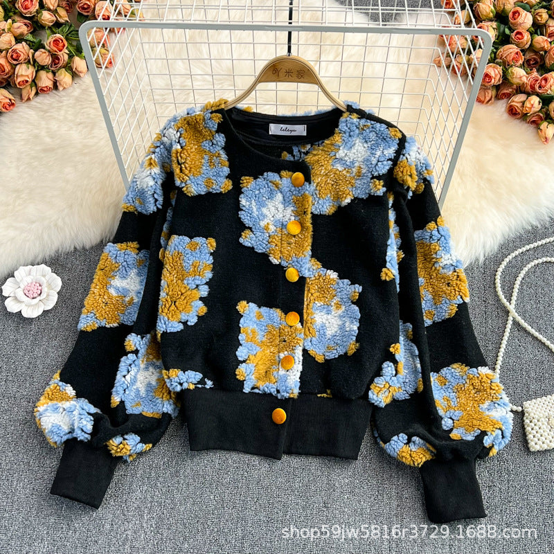 Autumn And Winter New French Retro Three-Dimensional Flower Temperament Slim Single Breasted Cardigan Short Coat Women Fashion