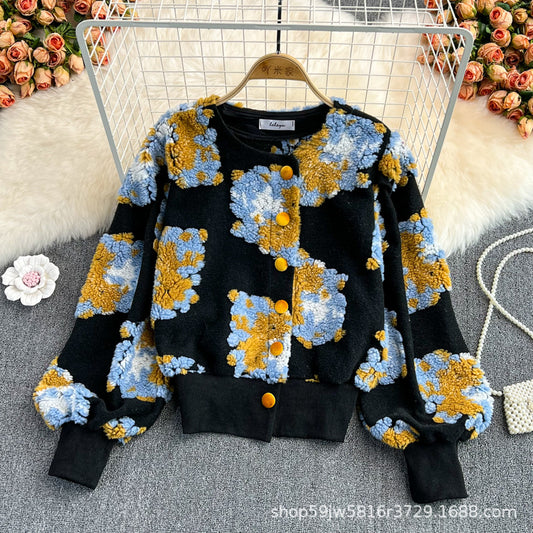 Autumn And Winter New French Retro Three-Dimensional Flower Temperament Slim Single Breasted Cardigan Short Coat Women Fashion