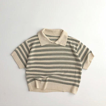 Children's Hollow Sweater Western Style Striped Short-sleeved T-shirt