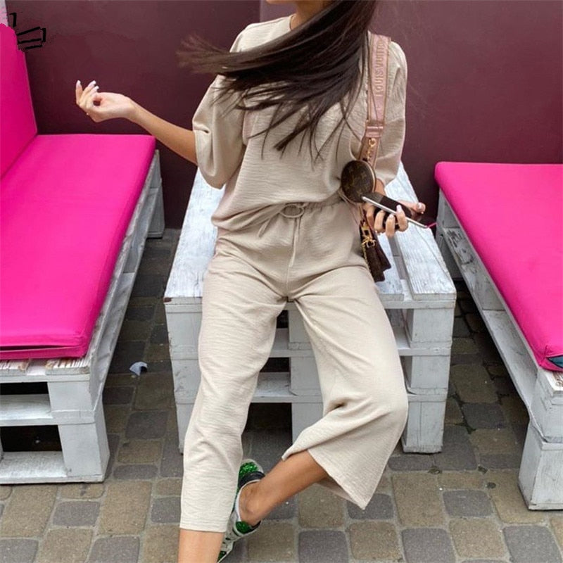 Sexy Fashion Khaki Women's Set Summer Casual Two Piece Set Short Sleeve Tops Shirt And Loose Beach Pants Set Bottom Suit Outfits