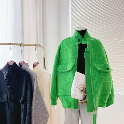 Retro Lazy Style Thickened Sweater Women's Coat New Loose Zipper Knitted Cardigan