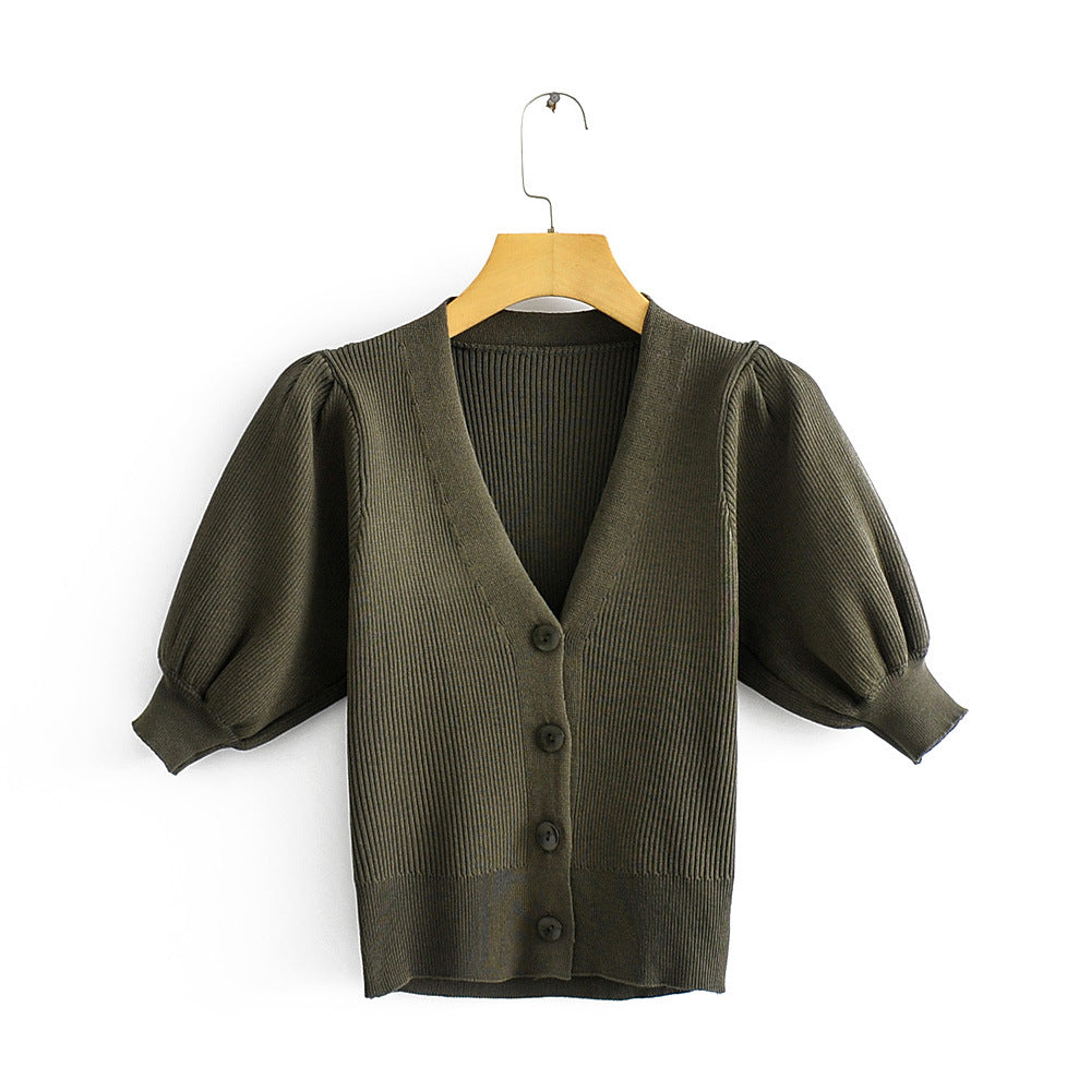 Ladies Pure Color Puffy Sleeve Knit Cardigan Short Jacket Thin
