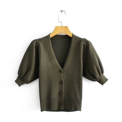Ladies Pure Color Puffy Sleeve Knit Cardigan Short Jacket Thin