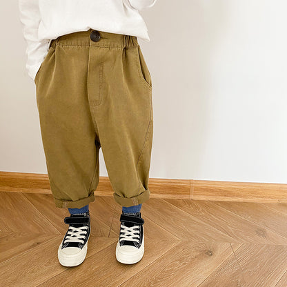 Solid-color slacks with curly sides and straight slacks