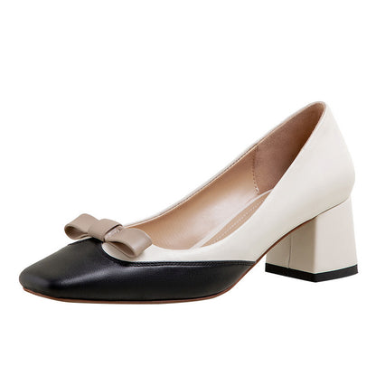 Colorblock square toe chunky heel leather shoes