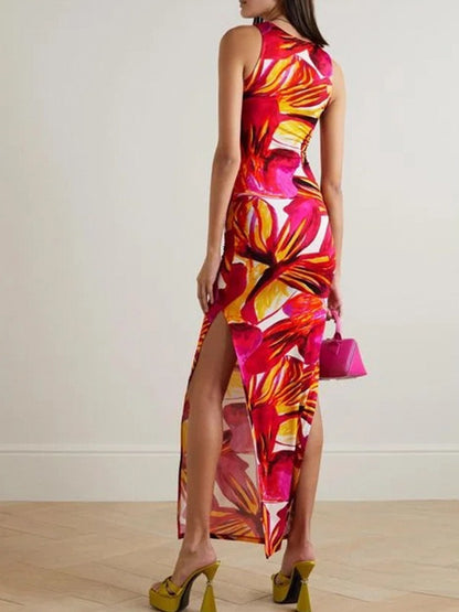 European and American INS Women's New Sexy Fashion Print Split Long Skirt Tight Retro Travel Style Dress