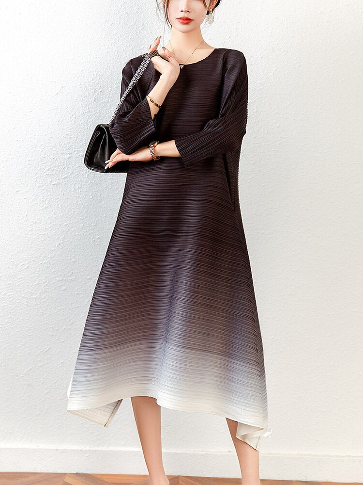 Women Pleated Dress Gradient Color O-neck Elegant Loose Waist Long Sleeve Dresses