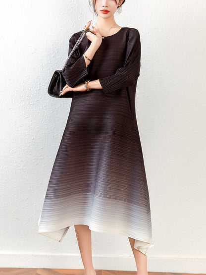Women Pleated Dress Gradient Color O-neck Elegant Loose Waist Long Sleeve Dresses