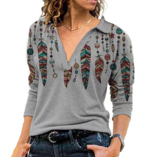 Ladies Retro Print V Neck Long Sleeves