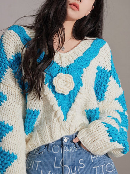 Korean Fashion Sweater For Women V Neck Long Sleeve Patchwork Floral Loose Knitting Pullover Female Autumn Clothing