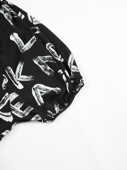 Women Black Print Mesh Midi Big Size Casual Dress New Lapel Short Sleeve Loose Fit Fashion Spring Summer