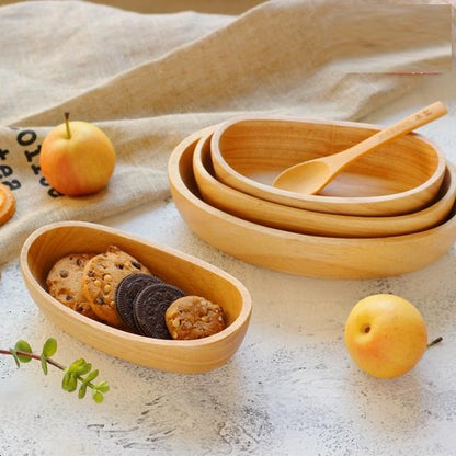 Rubber Wood Boat-shaped Oval Wooden Bowl Snack Breakfast Salad