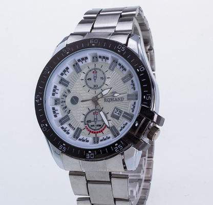 High grade fashionable steel belt, men's sports quartz watch, calendar, false three eye dial, foreign trade popular Watch