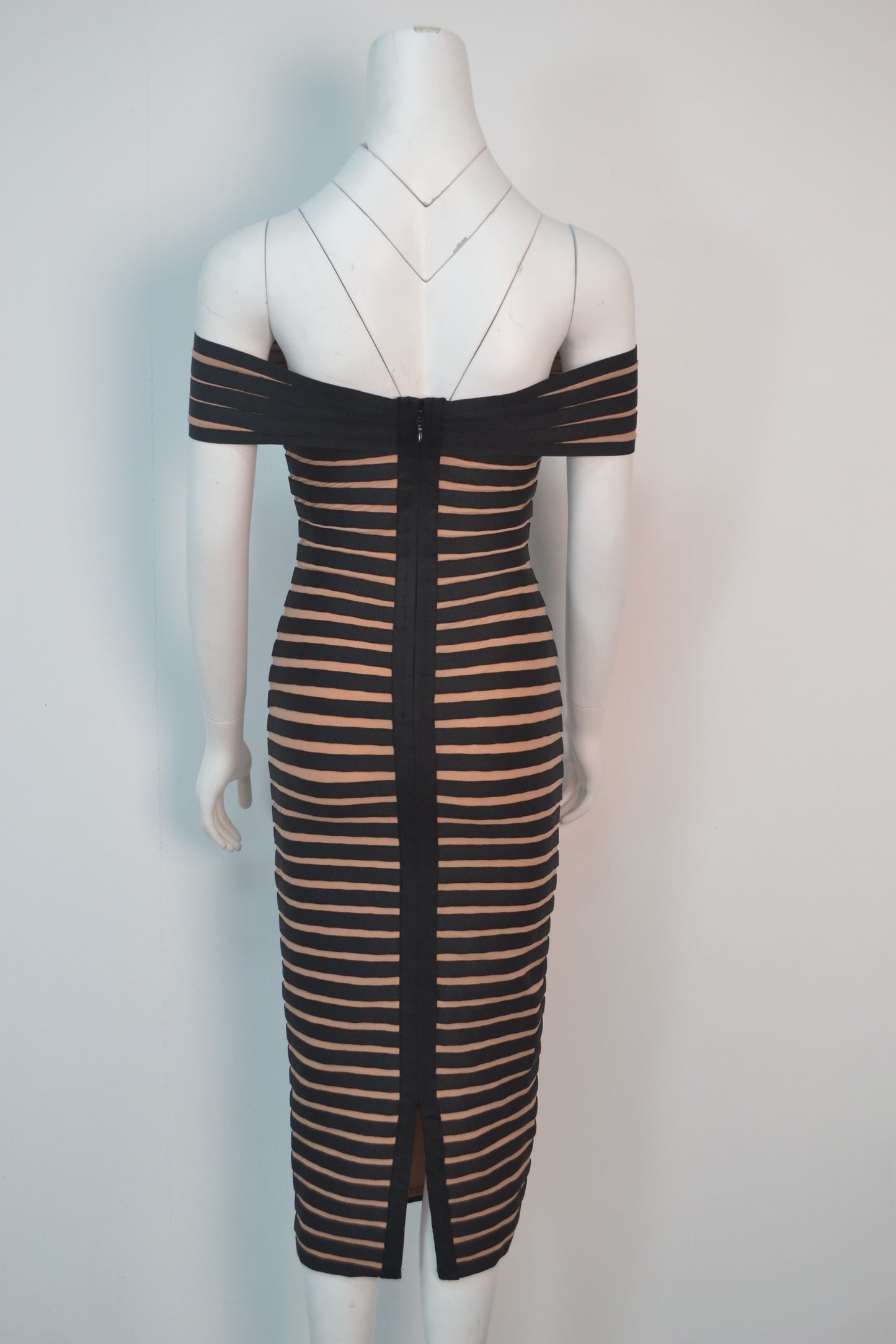 JUNE LIPS  New  Women Off Shoulder Party Dress  Black Stripe Midi Bandage Dress Sexy  Birthday Evening Dress Outfits