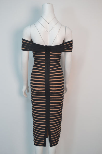 JUNE LIPS  New  Women Off Shoulder Party Dress  Black Stripe Midi Bandage Dress Sexy  Birthday Evening Dress Outfits
