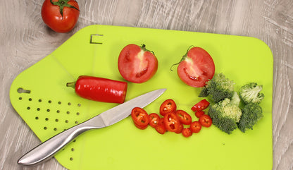 Plastic 2 in 1 Cutting Board and Drainer, Foldable Chopping Mat, with Hanging hole and Safety Lock, Bright Green
