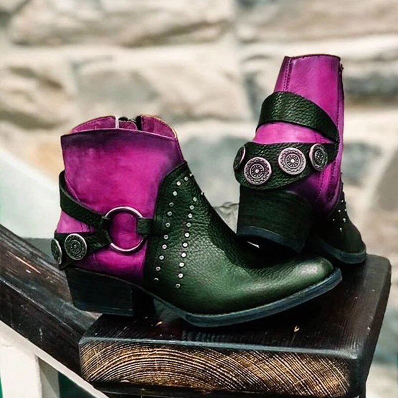 Women's leather boots with studded metal buckle