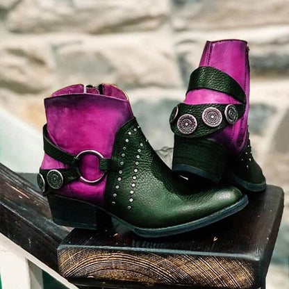 Women's leather boots with studded metal buckle