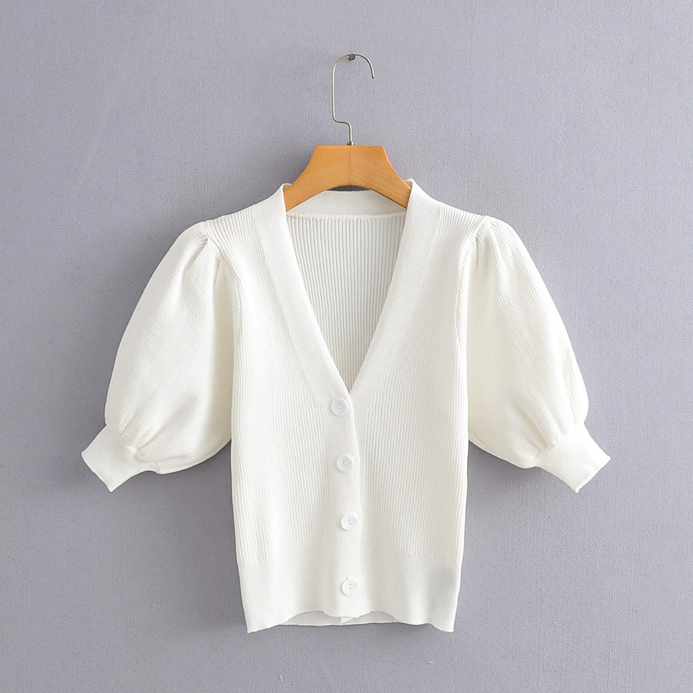Ladies Pure Color Puffy Sleeve Knit Cardigan Short Jacket Thin