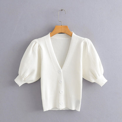 Ladies Pure Color Puffy Sleeve Knit Cardigan Short Jacket Thin