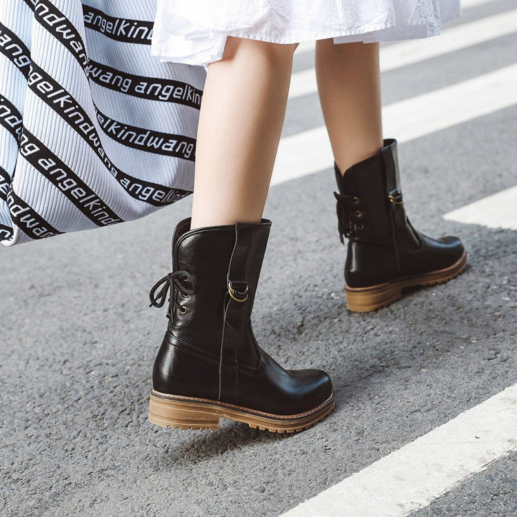 Lace-up round toe low-heel square heel boots