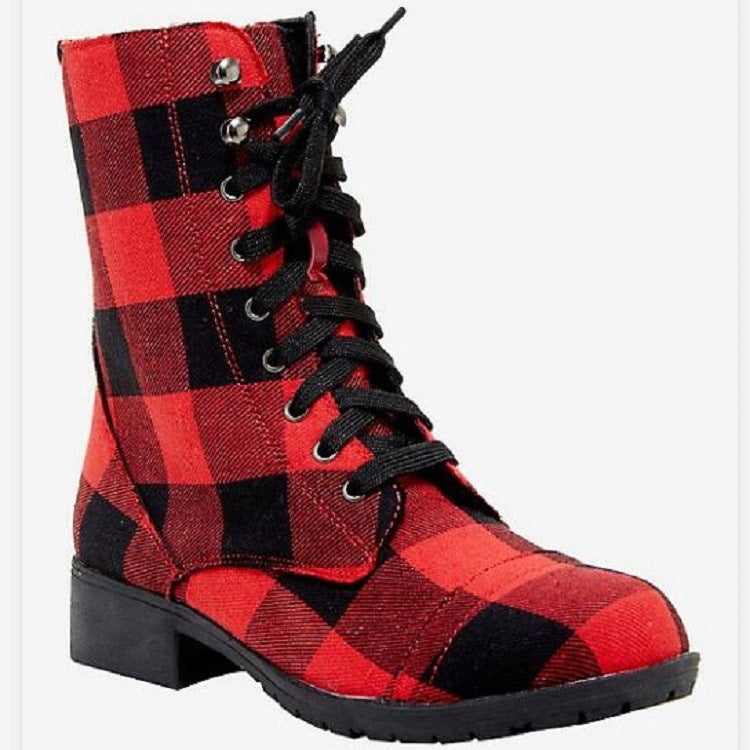 Casual round head red plaid high top thick with solid color deep mouth