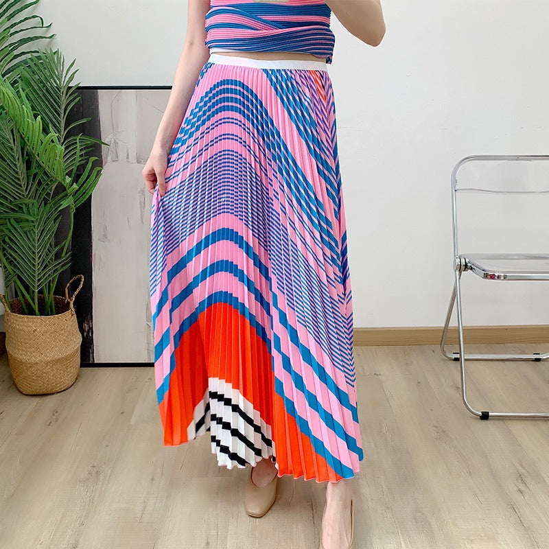 Pleated Blouse Two-Piece New Fashionable Corn Kernel Blouse+Printed Pleated Skirt Set