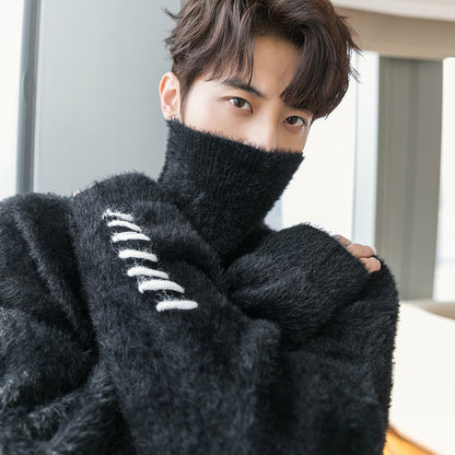 Men's Lace Design Mink Turtleneck Sweater