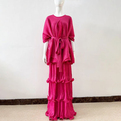 Miyake Pleats Solid Color Suit Spring 2023 New Women's Long Vest Cake Skirt+irregular Shawl Top Temperament Two-piece Set