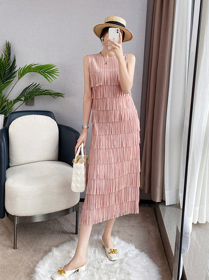 Spliced Tassel O Neck Dress Women Straight Sleeveless Medium Long Spring Summer  New Solid Color Elegant Lady