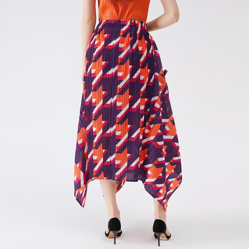 Miyake Pleated Skirts 2022 Spring Autumn Houndstooth A-line Skirt High Waist Fashion Pleated Loose Women Clothing