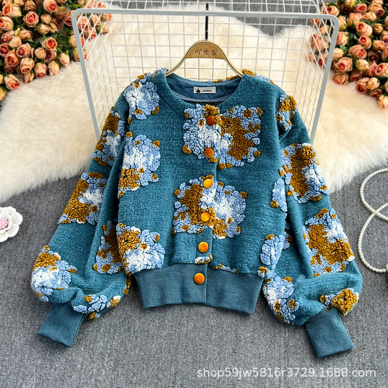 Autumn And Winter New French Retro Three-Dimensional Flower Temperament Slim Single Breasted Cardigan Short Coat Women Fashion