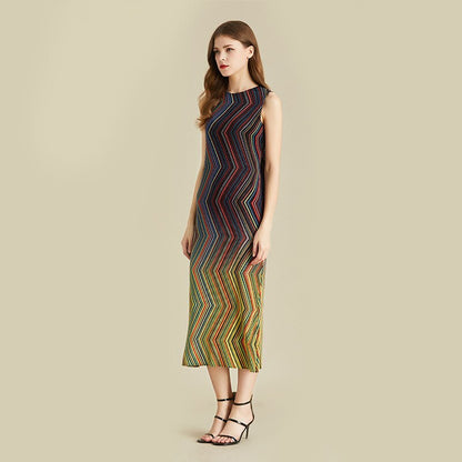 Pleated Dress Women Sleeveless Colorful Striped Halter Long Length Casual Elegant Slim
