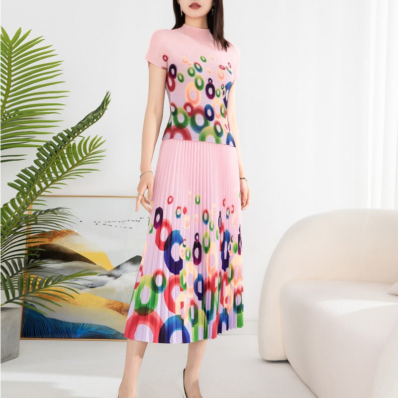 Printed pleated suit for women's pullover, elastic short sleeved top, elastic waist, loose draped half skirt