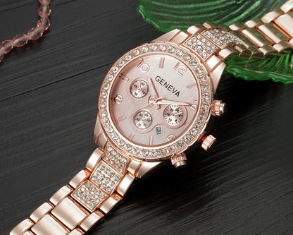 Diamond three-eye steel band calendar watch