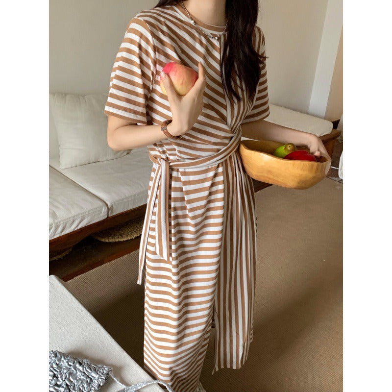 Korean Version of French Design with Irregular Tie Up Waist And Round Neck, Medium Length Split Stripe Short Sleeved Dress