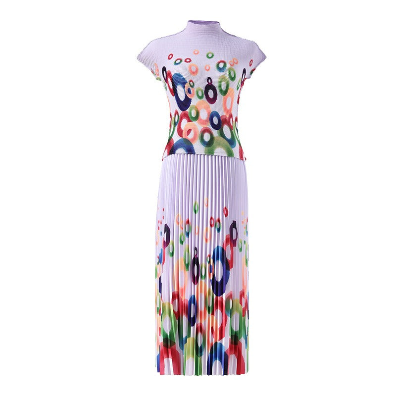 Printed pleated suit for women's pullover, elastic short sleeved top, elastic waist, loose draped half skirt