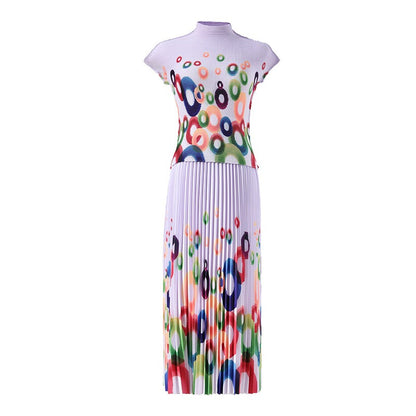 Printed pleated suit for women's pullover, elastic short sleeved top, elastic waist, loose draped half skirt