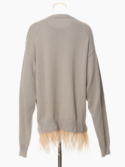 Fashion Women's Sweater Round Neck Loose Hollow Out Ostrich Feather Patchwork Hem Knitted Pullovers Autumn