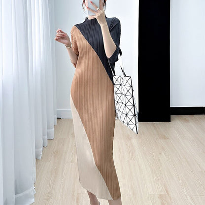 DEAT Pleatd Color Block Dress Women Stand Collar Loose Summer New 2023 Medium Long Elegant Pullover Female Casual 15KB1913