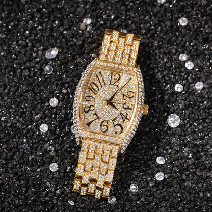 Large tonneau-shaped dial with full diamonds