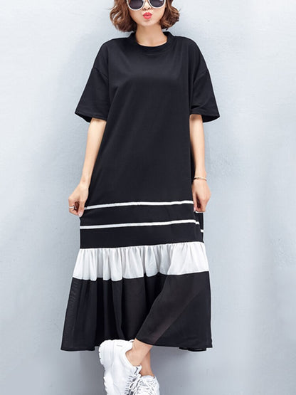 [EWQ] Women Black White T-shirt Dress Big Size Loose Short Sleeve Hem Gauze Patchwork O-neck Dresses  Summer New Tide Robe
