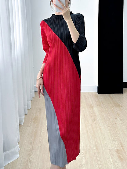 DEAT Pleatd Color Block Dress Women Stand Collar Loose Summer New 2023 Medium Long Elegant Pullover Female Casual 15KB1913