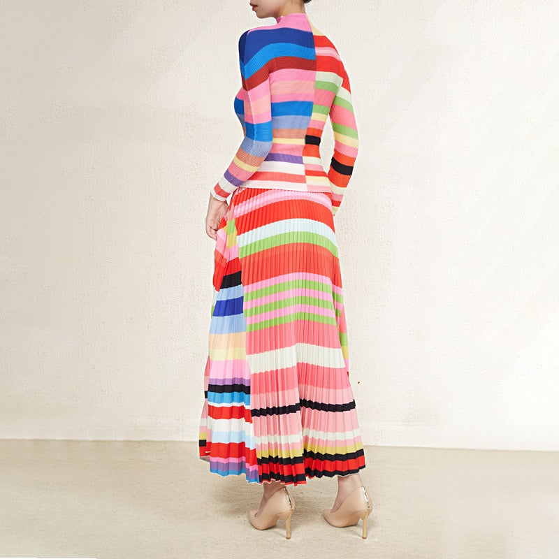 2 Pieces Set Fashion Long Sleeves Slim Tops High Waist Skirts Fashion Printed Clothing