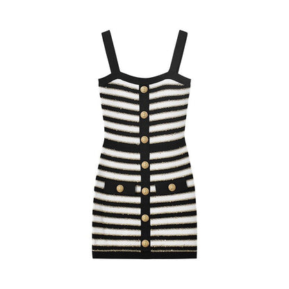 Newest Summer Black and White Contrast Color Striped Gold Shining Thread Slim Spaghetti Straps Women Knitting Sexy Dress