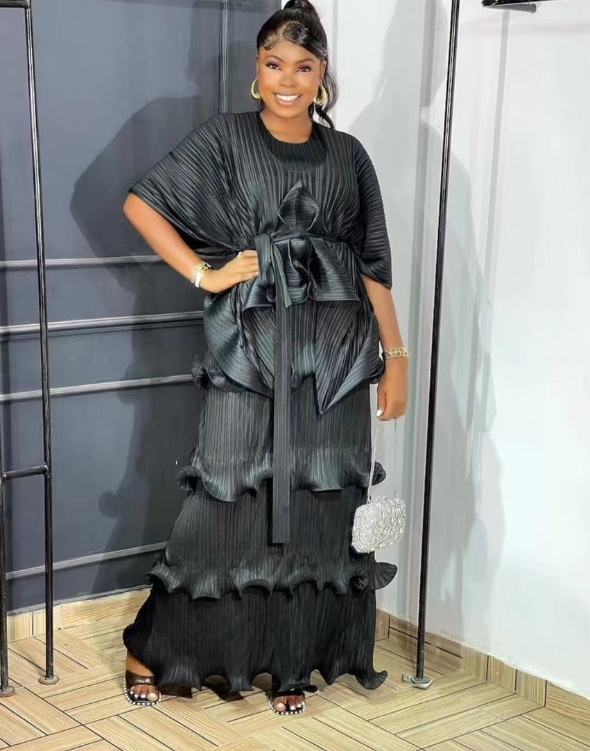 Miyake Pleats Solid Color Suit Spring 2023 New Women's Long Vest Cake Skirt+irregular Shawl Top Temperament Two-piece Set