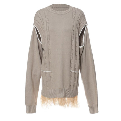 Fashion Women's Sweater Round Neck Loose Hollow Out Ostrich Feather Patchwork Hem Knitted Pullovers Autumn