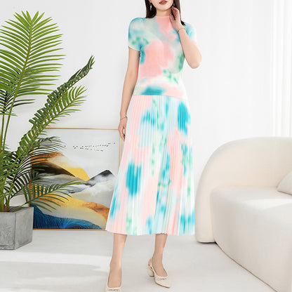 Gradient Pleated 2 Pieces Round Neck Short Sleeves Slim Tops High Waist Fold Skirts Female Clothing