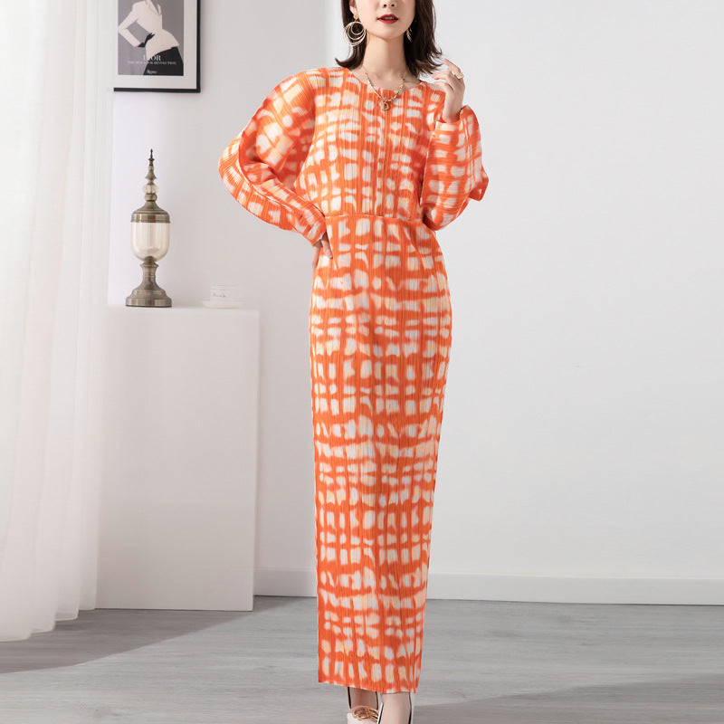 Long Dress For Women Printed Round Neck Pleated Dresses Female Trendy Festival Clothing